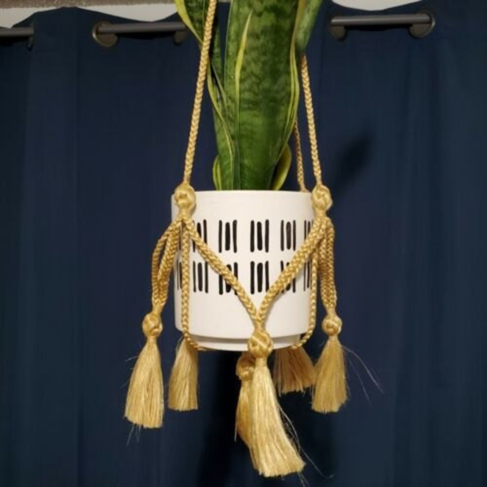 Vtg Macrame Plant Hanger 27" Gold Tan Nylon Braided Cord Rope w/ Knots, Tassels